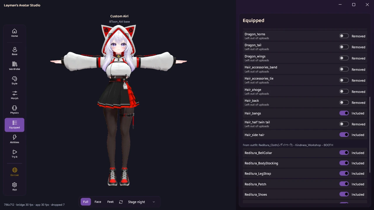 The Equipped panel in LAS listing each part of the avatar and outfit with individual Included and Removed switches