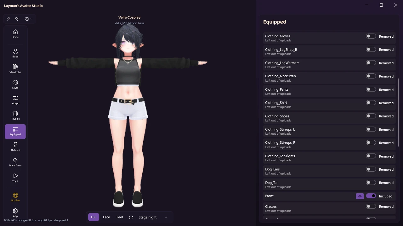 The Equipped panel listing clothing pieces such as gloves, leg warmers, pants and shoes switched to Removed with "Left out of uploads" under each, while the pieces being worn stay Included