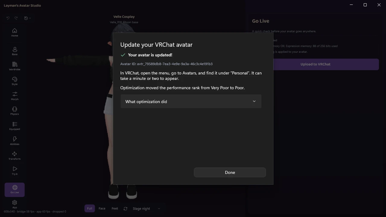 The finished upload saying "Optimization moved the performance rank from Very Poor to Poor."