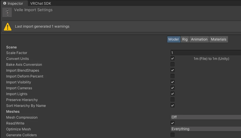 Unity's import settings for the Velle model, Model tab, with the Read/Write checkbox under Meshes ticked