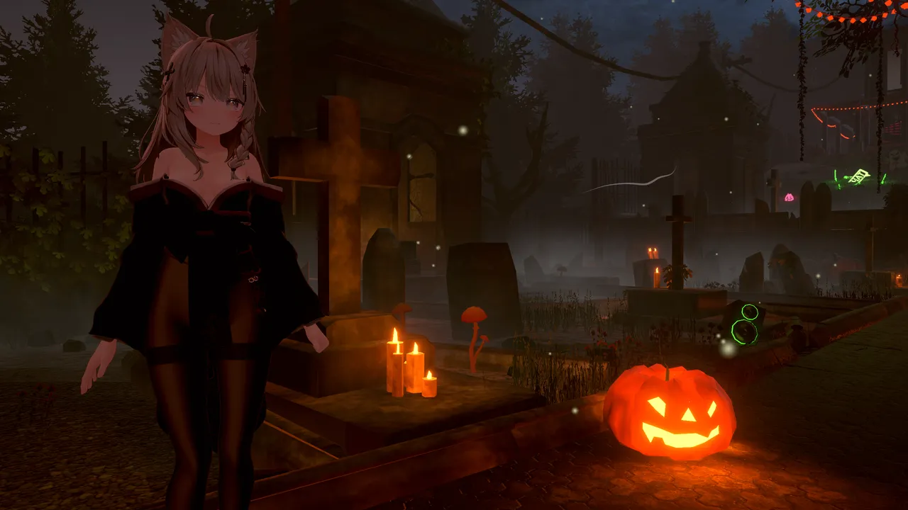 The uploaded avatar in VRChat: Shinano in the black Akatsuki ito kimono, standing in a dark Halloween graveyard world beside lit candles and a glowing jack-o'-lantern