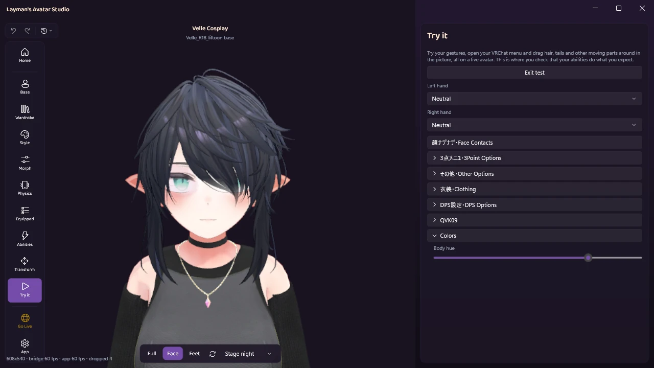 The same test with the Body hue slider three quarters of the way along, and the eyes now teal
