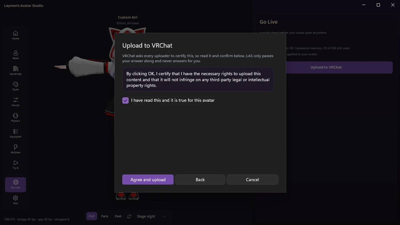 The Upload to VRChat step in LAS, showing VRChat's standard rights certification before upload