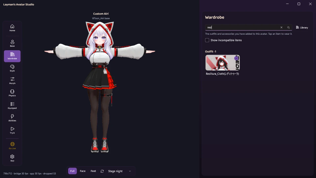 The LAS Wardrobe panel, with a purchased outfit worn by the avatar in the live viewport